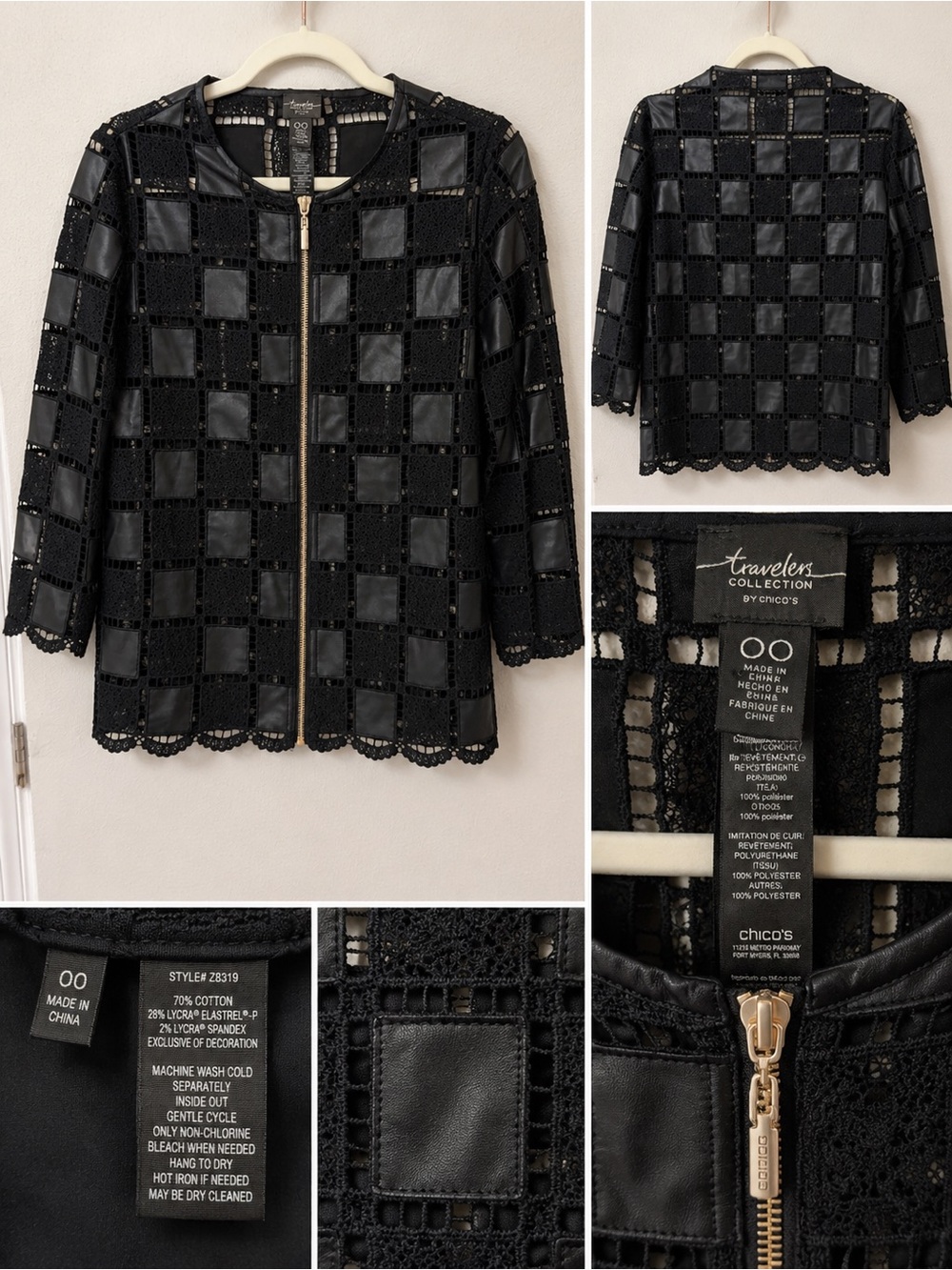 Chico's Travelers Collection Black Lace & Faux Leather Zip Jacket Size 00